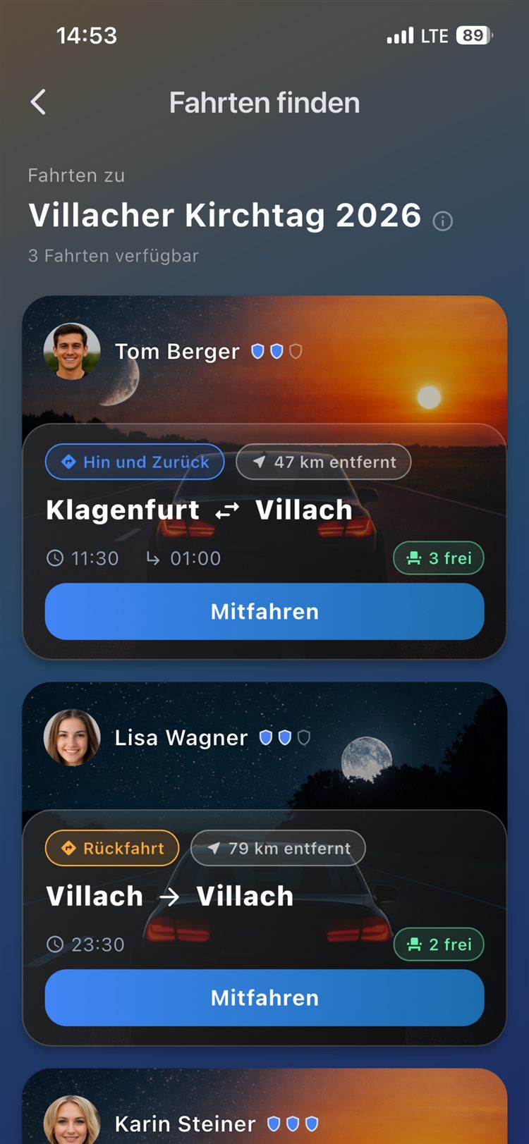 Fahrten finden in der EventRide App