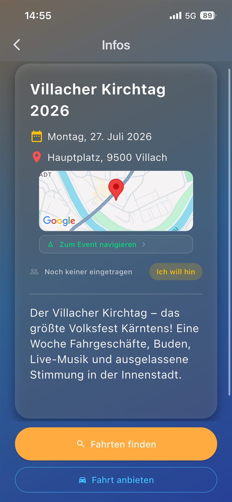 Event-Detailseite in der EventRide App